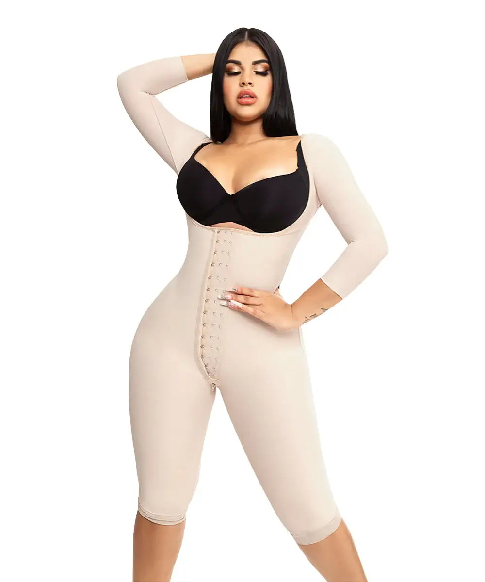 Knee Length Open Bust Bodysuit • Long Sleeves • 3 Compression Hook Levels • Perineal Zipper • Beige ( Ref. O-025 )