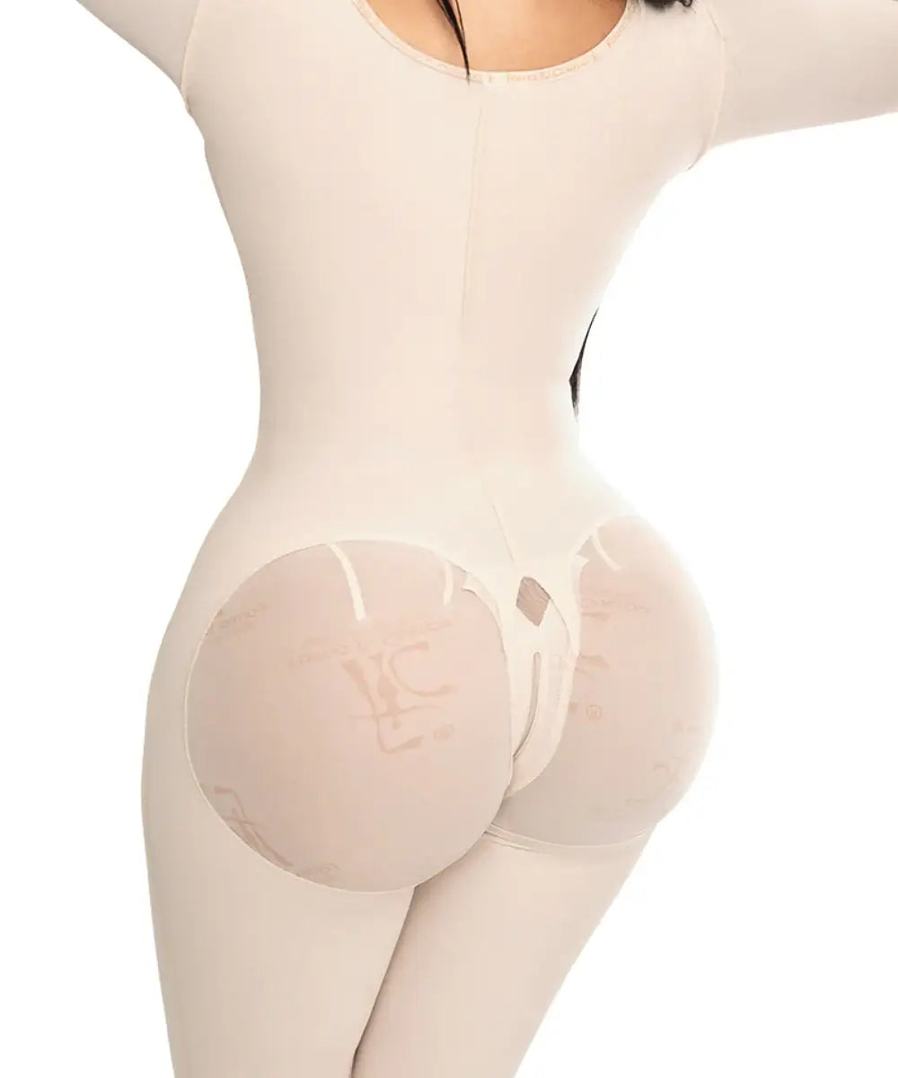 Knee Length Bodysuit With Bra • Long Sleeves • 3 Compression Hook Levels • Perineal Zipper • Beige  ( Ref. O-103 )