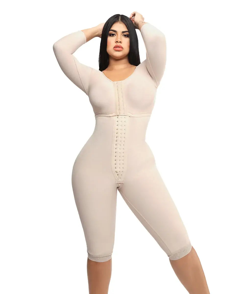 Knee Length Bodysuit With Bra • Long Sleeves • 3 Compression Hook Levels • Perineal Zipper • Beige  ( Ref. O-103 )