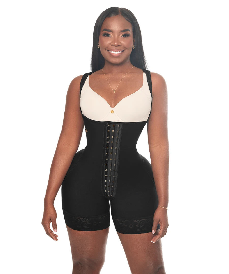 BBL• Open Bust Bodysuit Mid Thigh • Wide Straps • 3 Compression Hook Levels • Perineal Zipper •  Beige •  Black (One Size for Hips and another for Waist) ( Ref. LUXBBL-013 / LUXBBL-213 )