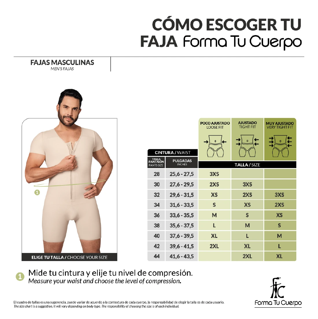Mid Thigh Bodysuit • Posture Corrector • Short Sleeves • Center Zipper • For Men • Beige  ( Ref. H-001 )