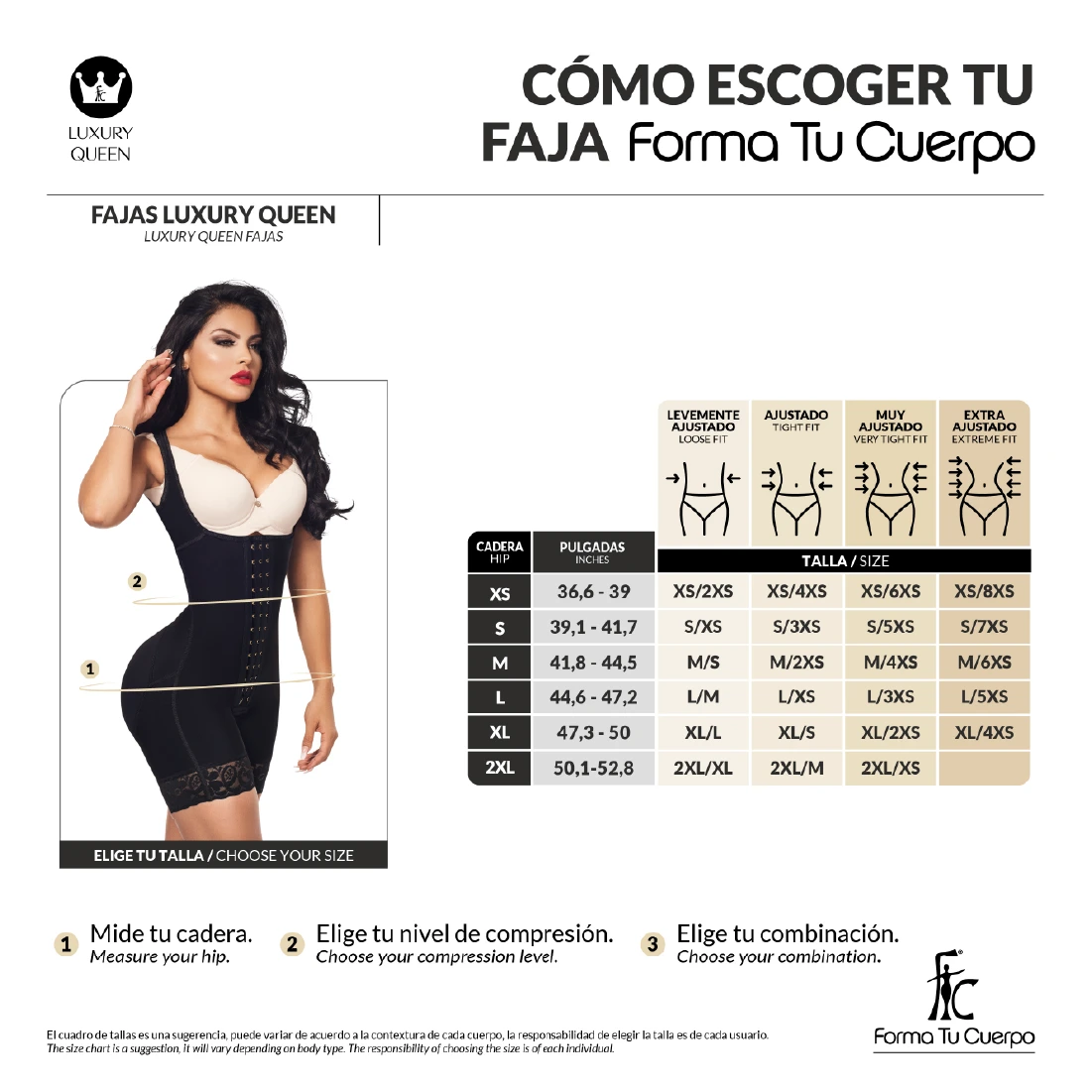 Mid Thigh Bodysuit With Bra • 3 Compression Hook Levels • Perineal Zipper • Black (One size for Hips and another for Waist) (REF. LUX - 293 / LUX - 093)