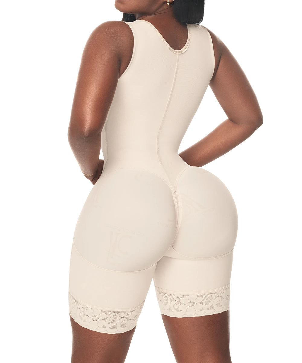 BBL• Mid Thigh Bodysuit With Bra • 3 Compression Hook Levels • Perineal Zipper • Black (One Size for Hips and another for Waist) (Ref. LUXBBL-293 | Ref. LUXBBL-093)