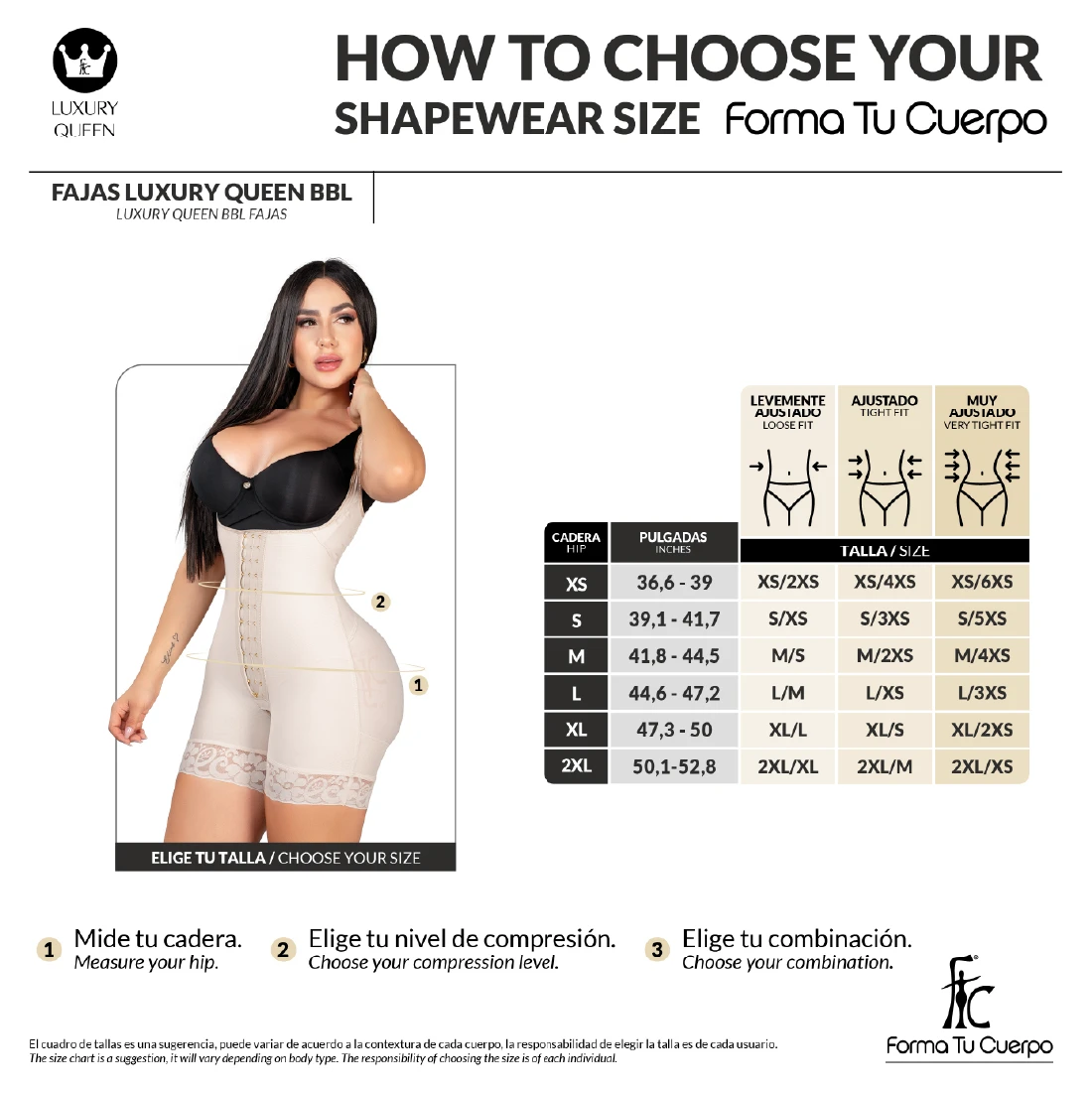 BBL• Open Bust Bodysuit Mid Thigh • Wide Straps • 3 Compression Hook Levels • Perineal Zipper •  Beige •  Black (One Size for Hips and another for Waist) ( Ref. LUXBBL-013 / LUXBBL-213 )