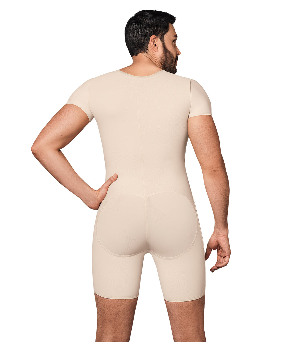 Mid Thigh Bodysuit • Posture Corrector • Short Sleeves • Center Zipper • For Men • Beige  ( Ref. H-001 )