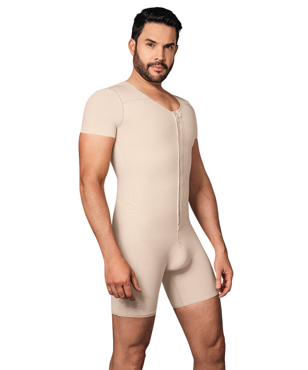 Mid Thigh Bodysuit • Posture Corrector • Short Sleeves • Center Zipper • For Men • Beige  ( Ref. H-001 )