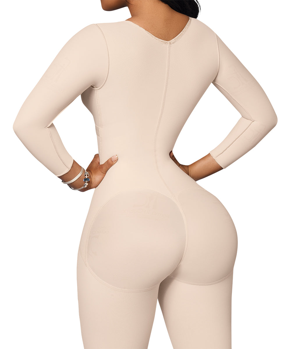 Knee Length Bodysuit With Bra • Long Sleeves • Lateral Zipper • Beige  ( Ref. O-102 )