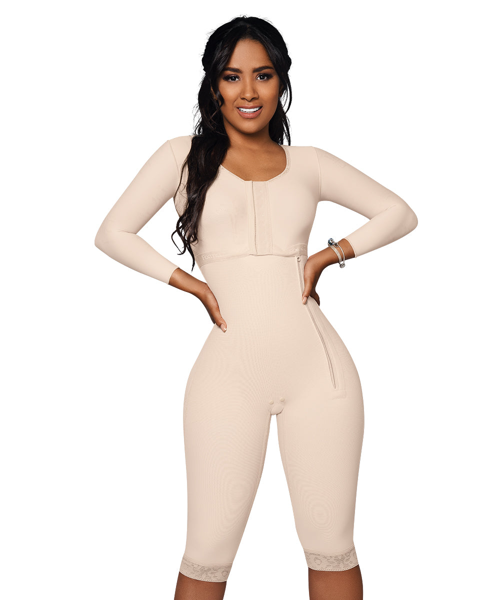 Knee Length Bodysuit With Bra • Long Sleeves • Lateral Zipper • Beige  ( Ref. O-102 )
