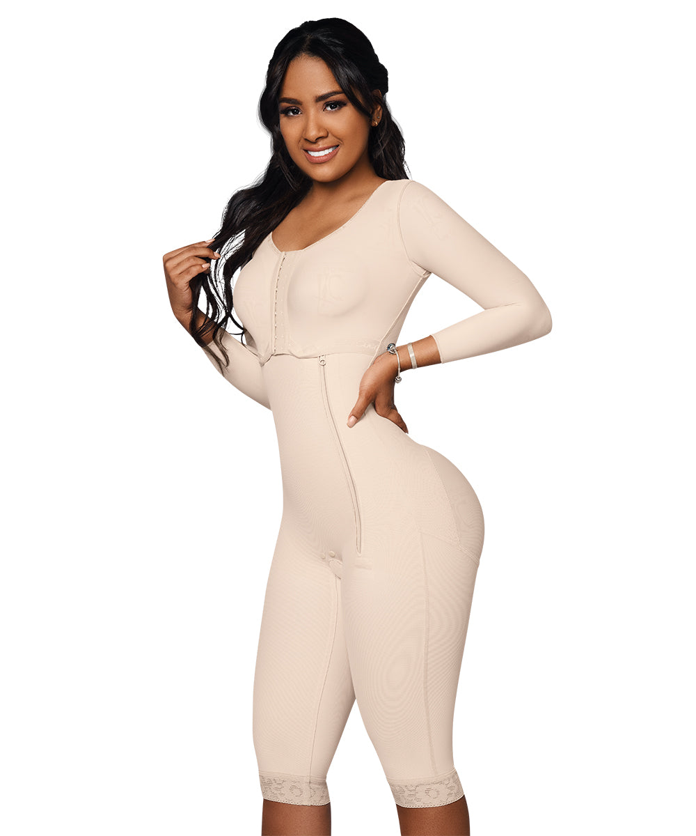 Knee Length Bodysuit With Bra • Long Sleeves • Lateral Zipper • Beige  ( Ref. O-102 )