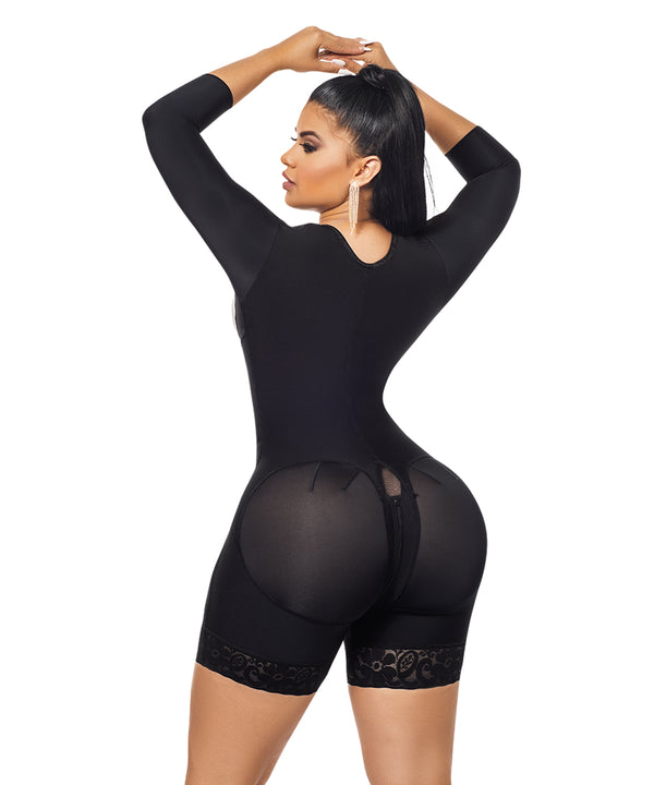 Open Bust Bodysuit Mid Thigh - Long Sleeves - Center Clasps - Perineal Zipper - Black ( Ref. O-215 )