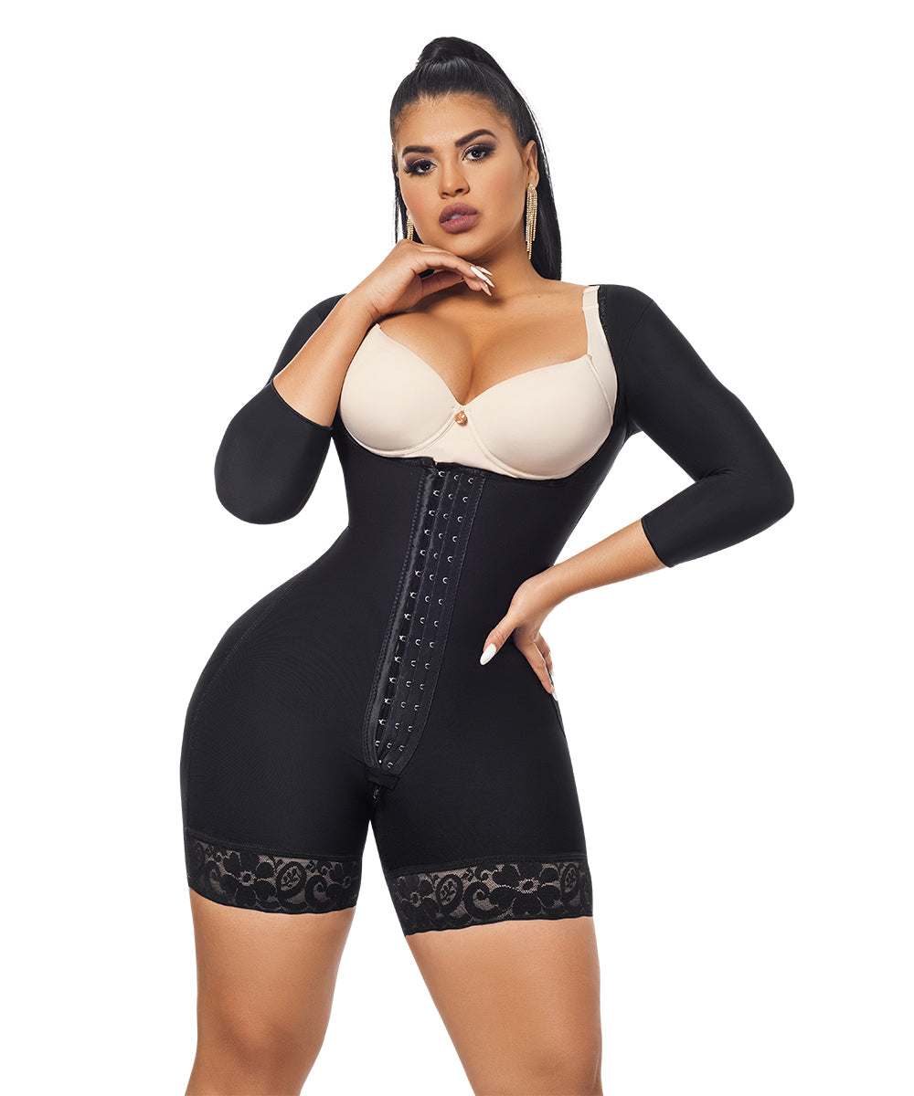 Open Bust Bodysuit Mid Thigh • Long Sleeves • 3 Compression Hook Levels • Perineal Zipper • Beige  • Black ( Ref. O-015 / O-215 )