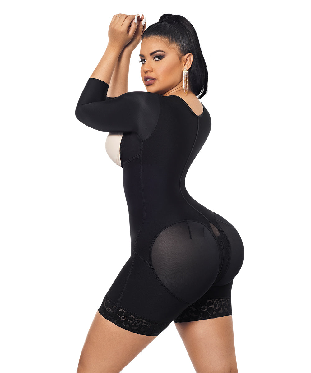 Open Bust Bodysuit Mid Thigh • Long Sleeves • 3 Compression Hook Levels • Perineal Zipper • Beige  • Black ( Ref. O-015 / O-215 )